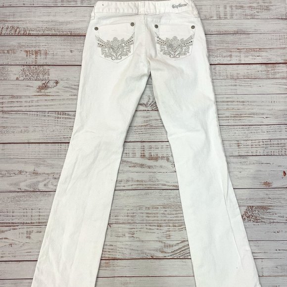 Women's Guess Sexy Straight Leg White Jeans with Silver Bling Pockets - Picture 2 of 7